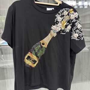 QUEEN OF SPARKLES Black Top with Gold and Green Champagne Design